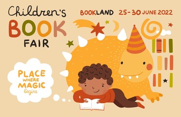 Children books world. Little boy reads fairy tales with imaginary monster. Kids fair poster. Imagination development. Fairground event invitation design with text and date. Vector concept