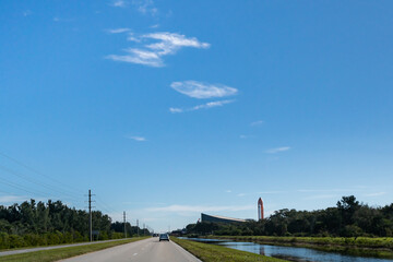 Cape Canaveral, Florida, United States of America - DECEMBER, 2018: Arriving at Kennedy Space Center Visitor Complex - obrazy, fototapety, plakaty