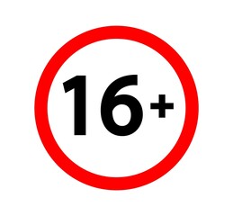 Under 16 sign warning symbol. Over 16 only censored. Sixteen age older forbidden adult content. Vector
