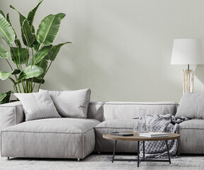 modern room with gray sofa and coffee table and tropical plant, empty wall mock up, 3d rendering