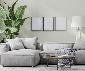 empty poster frames in modern room with gray sofa and coffee table and tropical plant, 3d rendering