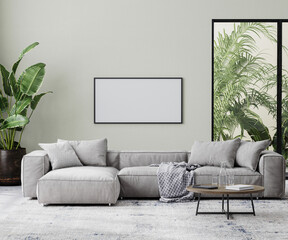 horizontal picture frame in living room interior mock up in gray tones with tropical palm tree leaves,  3d rendering