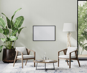 horizontal frame in room interior with light neutral wall with sunlight and wooden furniture with tropical plant and palm leaves, 3d rendering