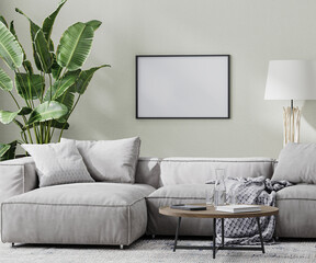 empty horizontal picture frame mock up in modern room with gray sofa and coffee table and tropical plant, 3d rendering