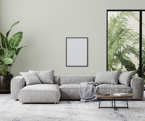 poster frame in living room interior mock up in gray tones with tropical palm tree leaves,  3d rendering
