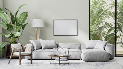 horizontal frame mock up in modern living room interior with gray sofa, wooden furniture and palm tropical leaves, 3d rendering - obrazy, fototapety, plakaty