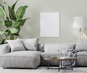 blank canvas mock up in modern room with gray sofa and coffee table and tropical plant, 3d rendering