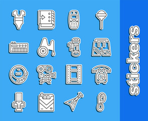 Set line Ear with earring, Telephone handset, Short or pants, Old mobile, Yoyo toy, Music synthesizer, Swimsuit and Camera roll cartridge icon. Vector