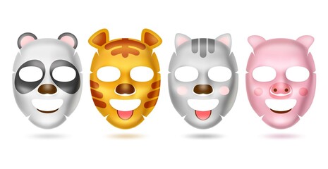 Cosmetic animal face mask. Realistic cotton facial sheets with different animals muzzles. Panda and tiger. Isolated cat and pig heads. Beauty and skincare. Vector moisturizing products set