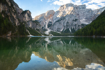 Fototapeta na wymiar Braies Lake ( Pragser Wildsee ) in Dolomites Alps, Sudtirol, Italy