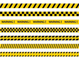 Warning tape stripe set. Police border yellow and black collection stripes. Barricade construction tape. Vector illustration isolated on white background