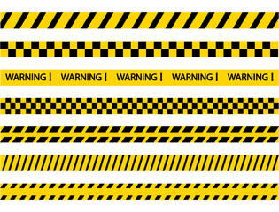 Warning tape stripe set. Police border yellow and black collection stripes. Barricade construction tape. Vector illustration isolated on white background