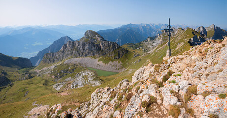 mountain summit of Rofanspitze, view to austrian alps landscape