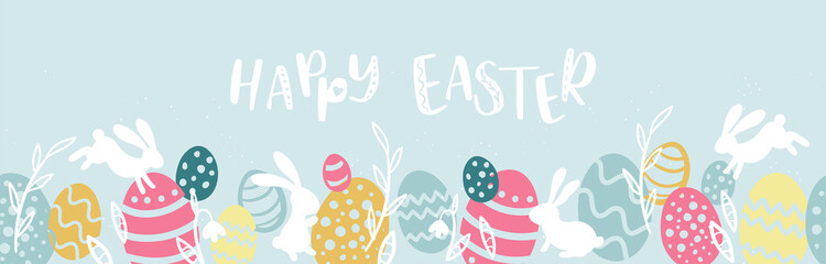 Cute hand drawn Easter horizontal seamless pattern with bunnies, flowers, easter eggs, beautiful background, great for Easter Cards, banner, textiles, wallpapers - vector design