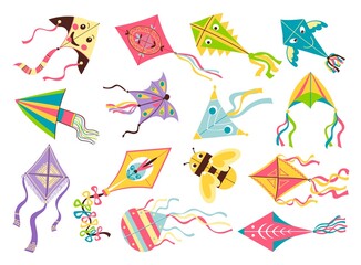 Flying kites. Different shapes and design flying toys, bright color craft objects, kids controlled device, bee and smiling faces, outdoor active summer games, vector isolated set