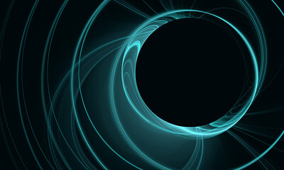 Mesmerizing turquoise neon glowing rotating tunnel leading into black hole or portal. Fantastic galactic steam cyberspace. Cosmic 3d frame. Creative artistic digital illustration. Great for design.   - 482400315