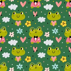 Fototapeta premium Funny frogs seamless pattern. Cute green animals, little cartoon amphibians with flowers, baby toad characters in glasses, childish background. Decor textile, wrapping paper, vector print