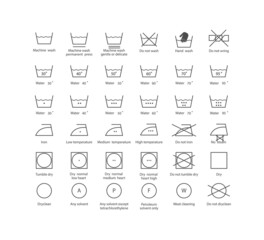 Symbols of washable. Full icon set of laundry symbols, hand wash, washing machine, label, iron, caring. Icons for washing. Vector illustration.