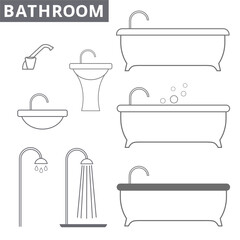 Bathroom icons. Water tap, bath, shower, washbasin
