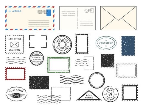 Postal with stamps envelope. Different types of letters and post cards. Delivery postmarks and labels. Vintage grunge textures. Correspondence seal imprints. Vector mail office elements set