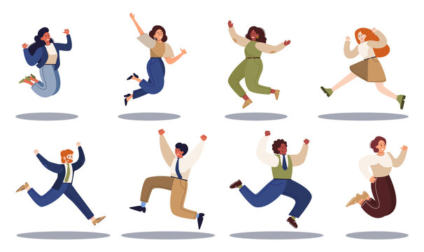 Jumping business woman and man set. Happy and successful employee