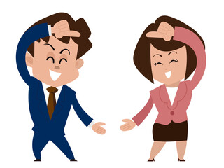 紹介ポーズのビジネスマンとビジネスウーマン