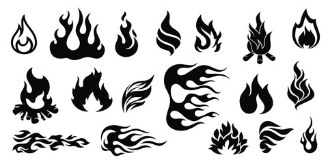 A set of fiery tongues of flame. Collection of hot flaming element. Isolated silhouettes on a white background