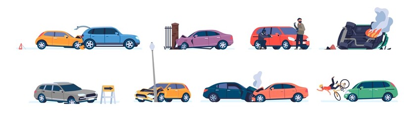 Road traffic accident. Dangerous situations with cars. Broken or burning vehicles. Drivers errors. Automobile knocking down cyclist. Thief steals auto. Vector transport disasters set © VectorBum