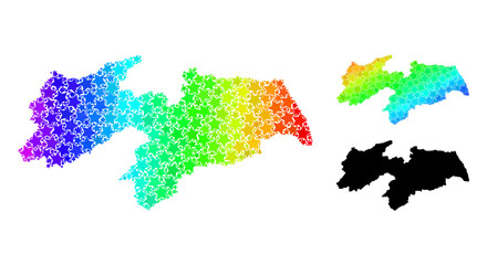 Spectrum gradiented star mosaic map of Paraiba State. Vector colored map of Paraiba State with spectrum gradients. Mosaic map of Paraiba State collage is organized with scattered colored star items.