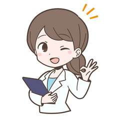 白衣姿でOKサインを出す若い女性