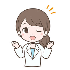 白衣姿でガッツポーズをする若い女性