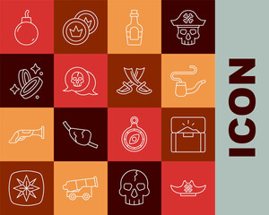 Set line Pirate hat, Antique treasure chest, Smoking pipe, Alcohol drink Rum, Skull, coin, Bomb ready to explode and Crossed pirate swords icon. Vector