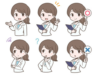 白衣姿の若い女性の表情セット