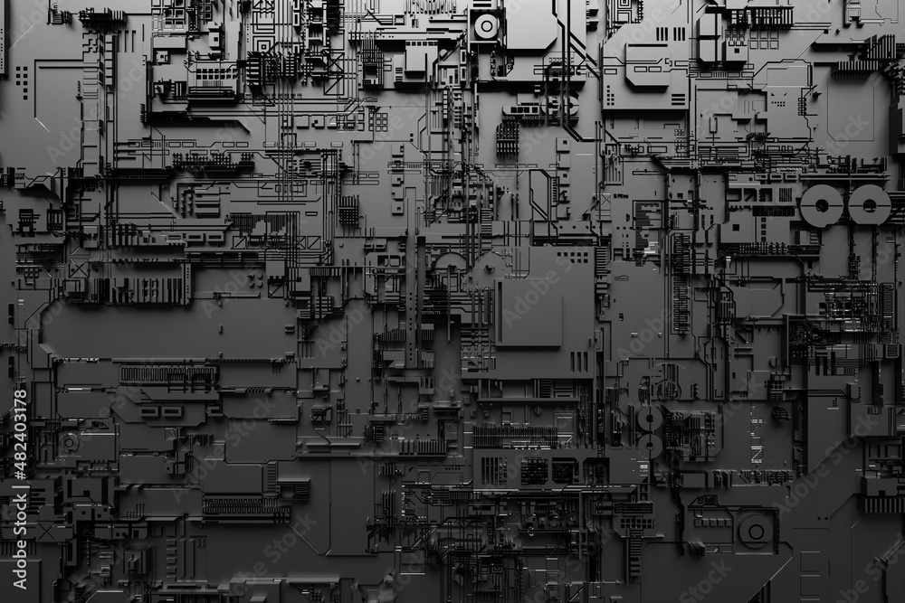 Poster 3d illustration of a pattern in the form of a metal, technological plating of a spaceship or a robot. Abstract Graphics in the style of computer games.