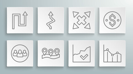 Set line Project team base, Arrow, Location, Financial growth increase, Pie chart infographic, Many ways directional arrow, Dollar symbol and icon. Vector