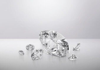 Shiny brilliant diamond placed on gray background. 3d render