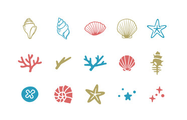 シンプルでかわいい海辺の装飾イラストセット　アイコン　貝殻　珊瑚　ヒトデ - obrazy, fototapety, plakaty