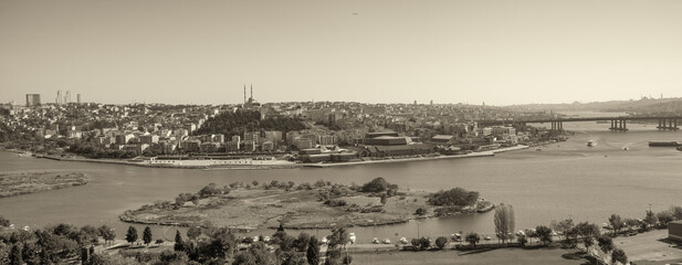Panoramic aerial view of Istanbul cityscape and Golden Horn river.