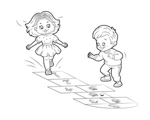 Coloring book girl and boy are jumping while playing hopscotch. Vector illustration in cartoon style, black and white lines