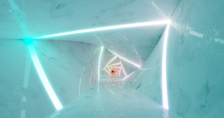 3d rendering. A marble corridor with columns stretching into the distance with neon lamps on the sides of different light.