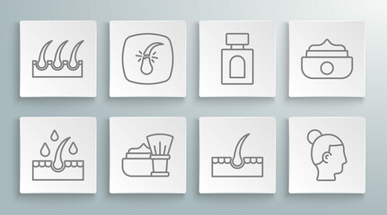 Set line Oil for hair care treatment, Broken follicle, Shaving brush with foam, Human, Hairstyle, Aftershave, Gel wax styling and icon. Vector