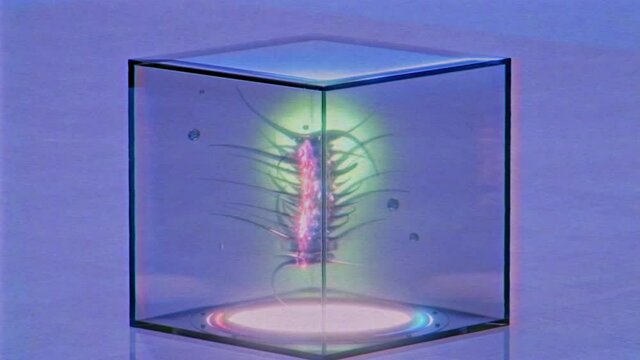 Sci-fi looking larva in glass cube. Looping 3D render animation with VHS grain