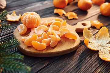 Fruits is on the table. Christmas background with holiday decoration