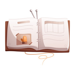 An open book with a picture of mittens and knitting needles on the background. Detailed vector illustration.