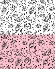 Summer Fruit mix seamless pattern. Hand drawn ink brush line, doodle cute design, outline black contour. Strawberry, lemon, cherry, raspberry, leaf. White, Pink easy editable background. Vector