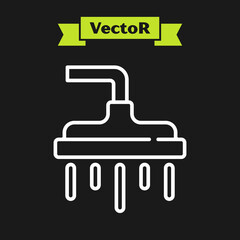 White line Shower head with water drops flowing icon isolated on black background. Vector