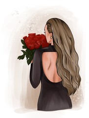 Girl with roses isolated illustration. Young woman in black dress hand drawn. Girl with blonde hair with bouquet of flowers on brown background. Bouquet of red roses 