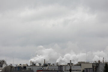 Fototapeta na wymiar Puffs of steam coming out of chimneys on the roof of an industrial plant. Picture taken on a cloudy day, uniform and soft light.