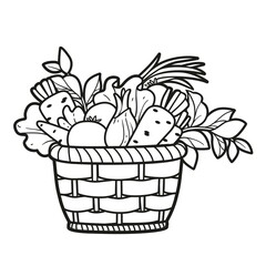 Wicker basket with fresh vegetables outlined for coloring book on white background