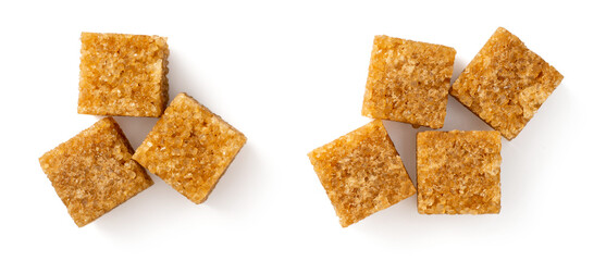 Brown sugar cubes isolated on white background, top view
